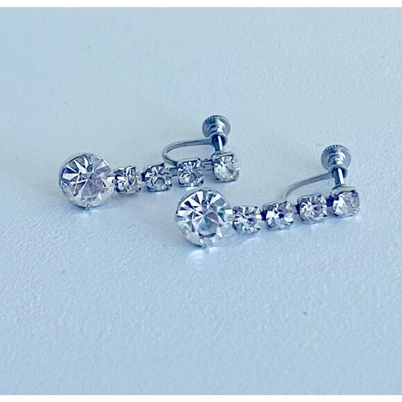 Vtg MCM Rhinestone Drop Dangling Screw-back Earrings, Bride Prom Formal Special - Picture 3 of 8